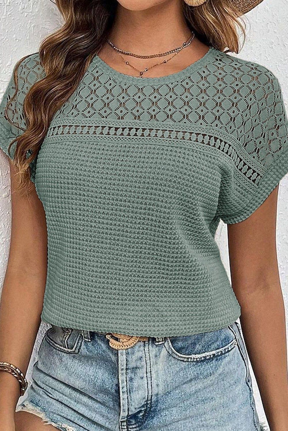 Short Sleeve Waffle Knit Tunic Top