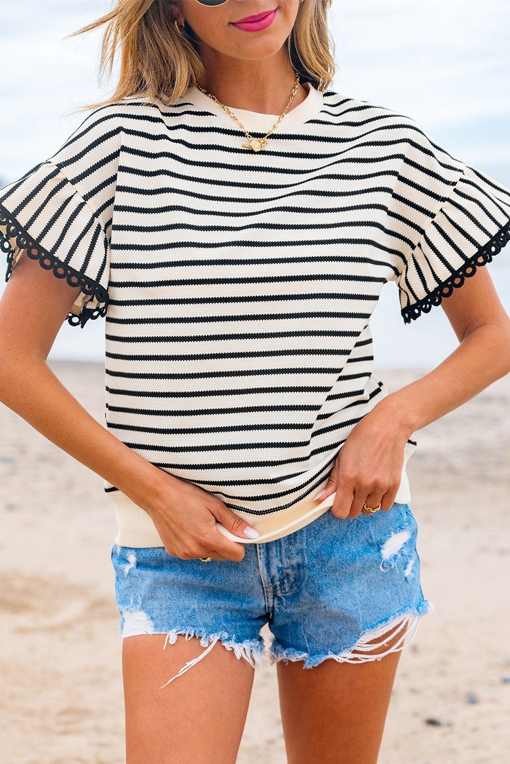 Stripe Lace Trim Ruffle Short Sleeves Crewneck Top