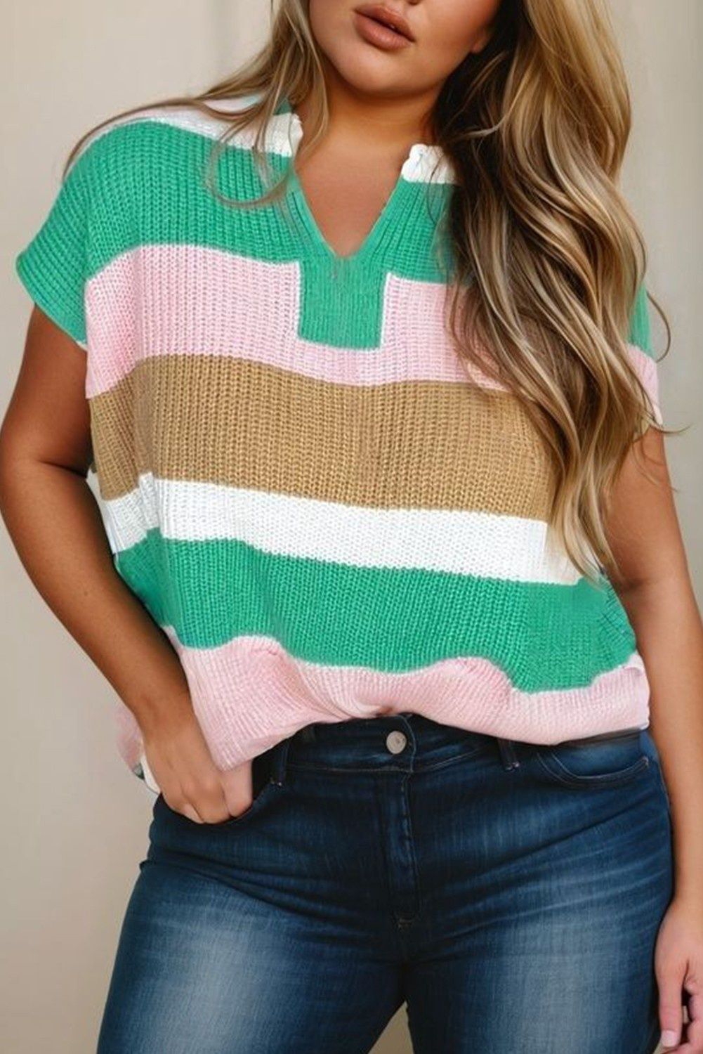 Colorblock Notch V Neck Plus Size Knit T Shirt