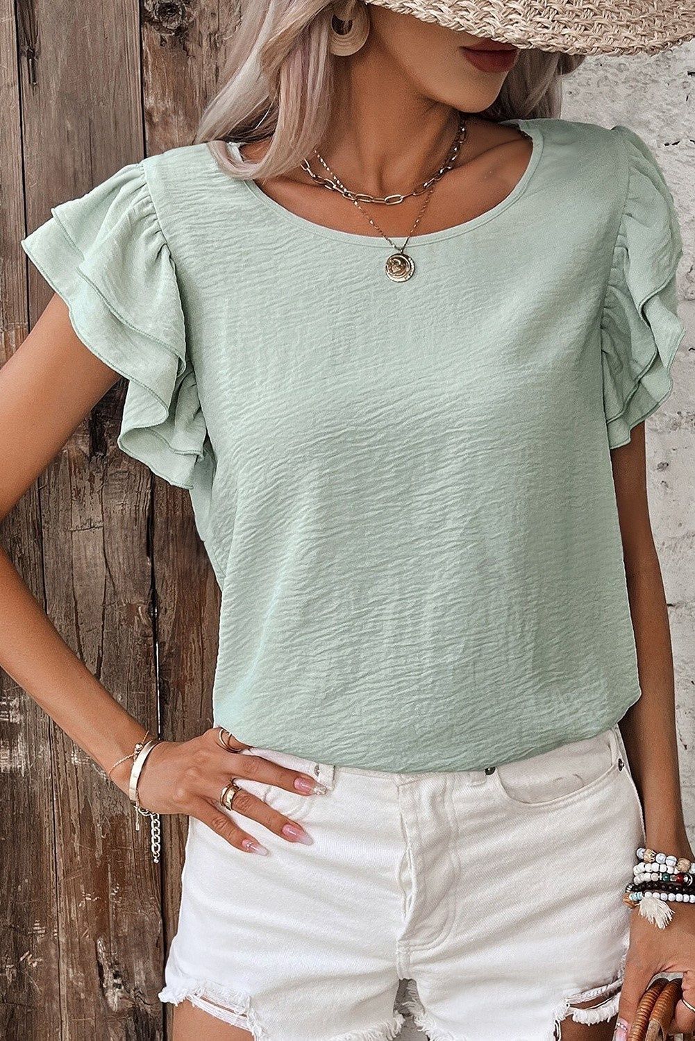 Solid Color Ruffled Short Sleeve Casual Blouse