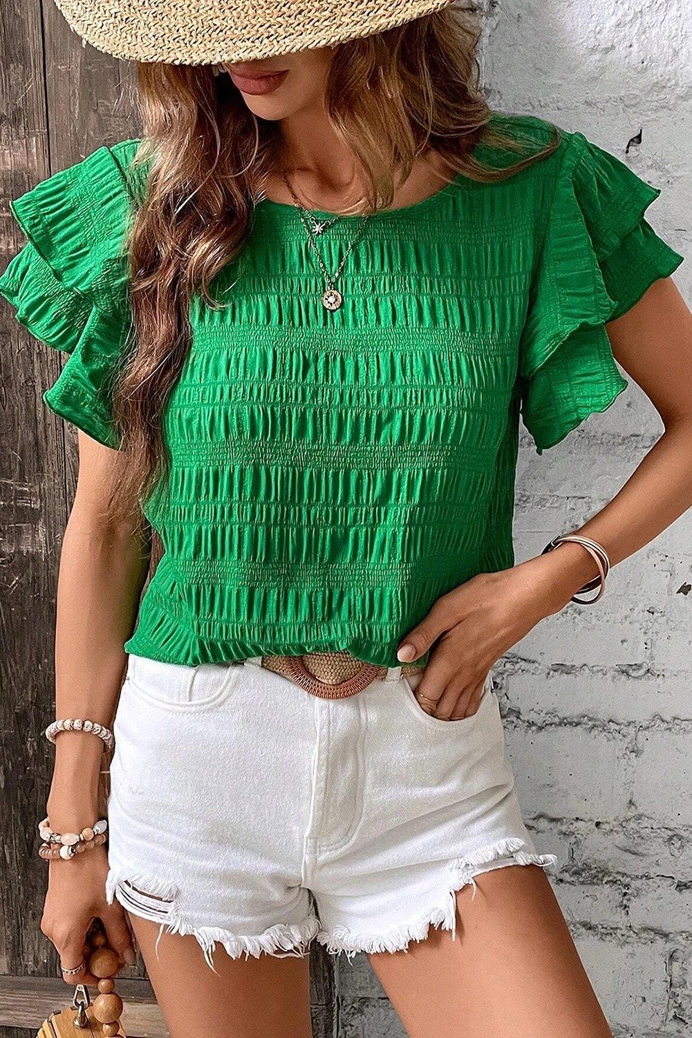 Ruffle Sleeve Textured Smocked Blouse