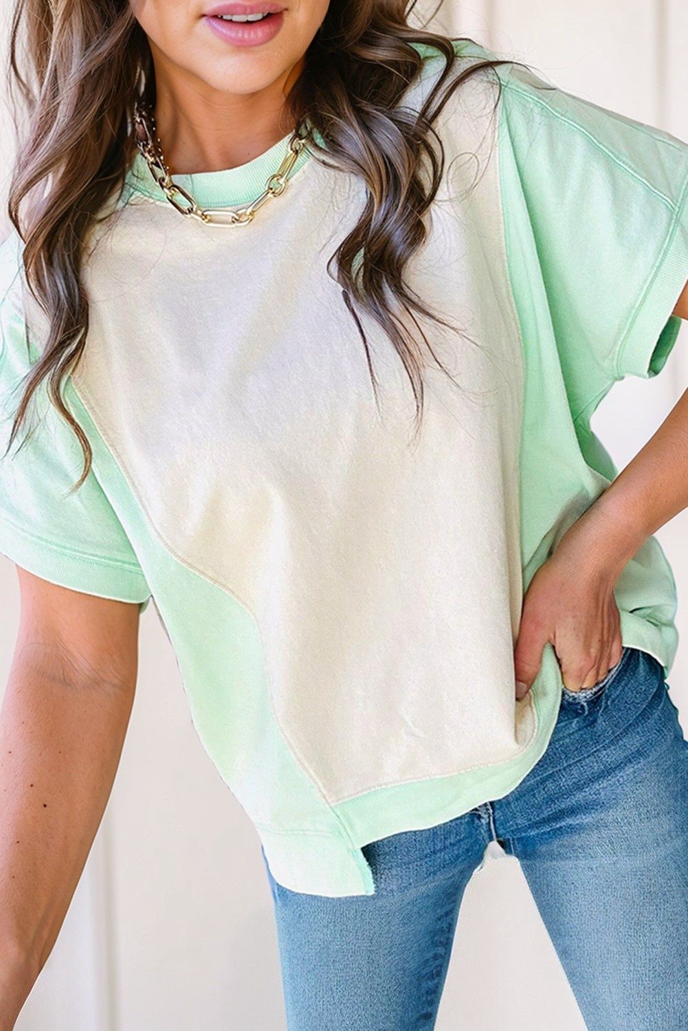 Colorblock Patchwork Crew Neck T Shirt Sweatshirt