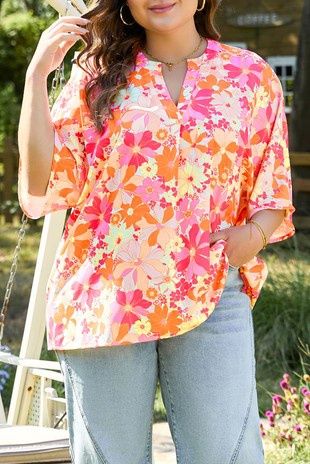 Floral Short Sleeve Slit Neck Plus Size Blouse