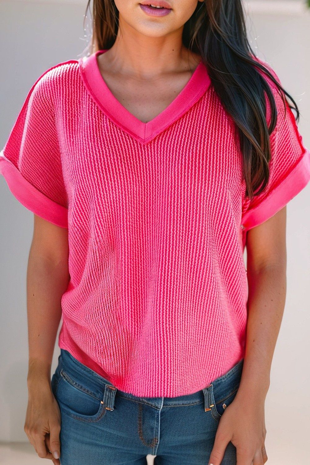Twisted Ribbed Knit Patchwork V Neck Casual Tee