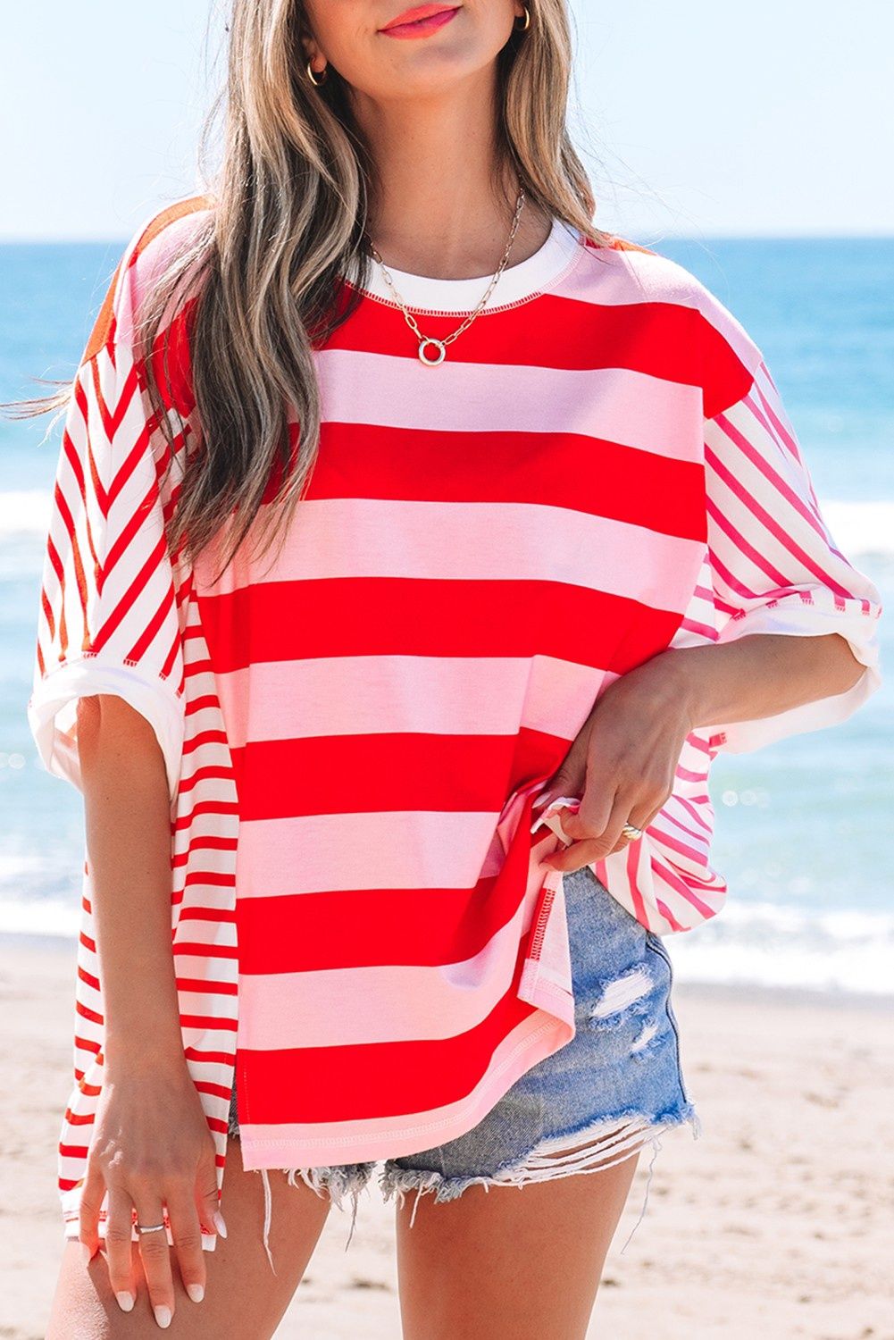 Stripe Patchwork Side Split Loose T Shirt
