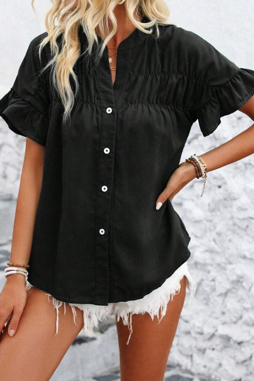 Solid Ruffle Ruched Short Sleeve Buttoned Shirt
