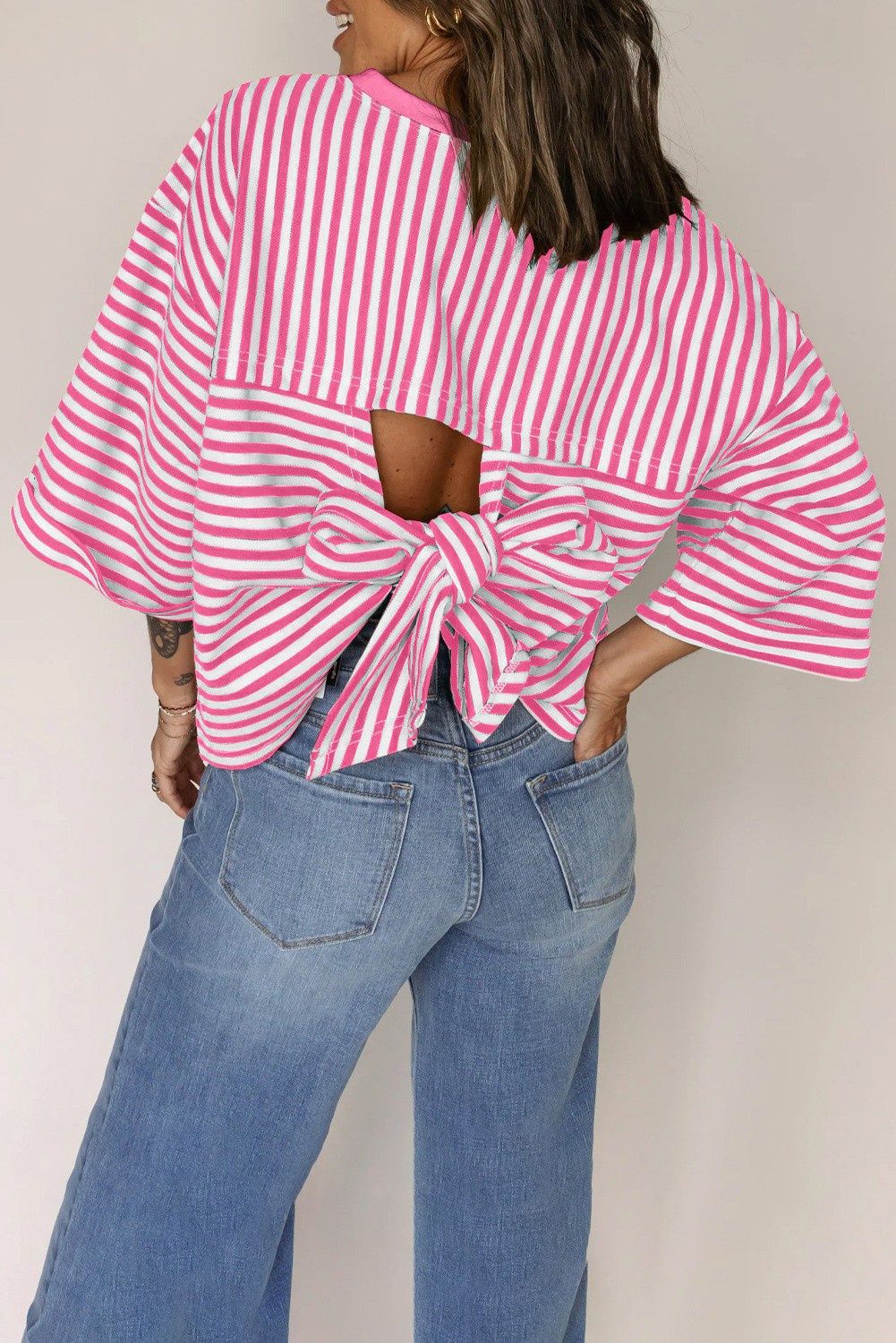 Striped Bowknot Backless T-shirt