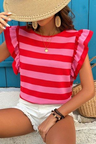 Stripe Flutter Sleeve Round Neck T Shirt