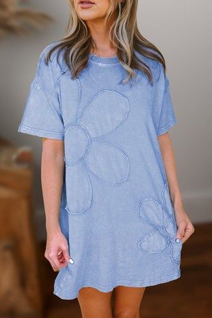 Mineral Wash Flower Patchwork Mini T Shirt Dress