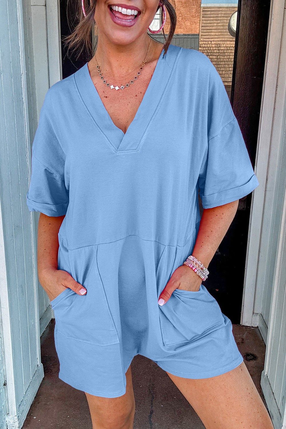 Loose Half Sleeve V Neck Plain Romper