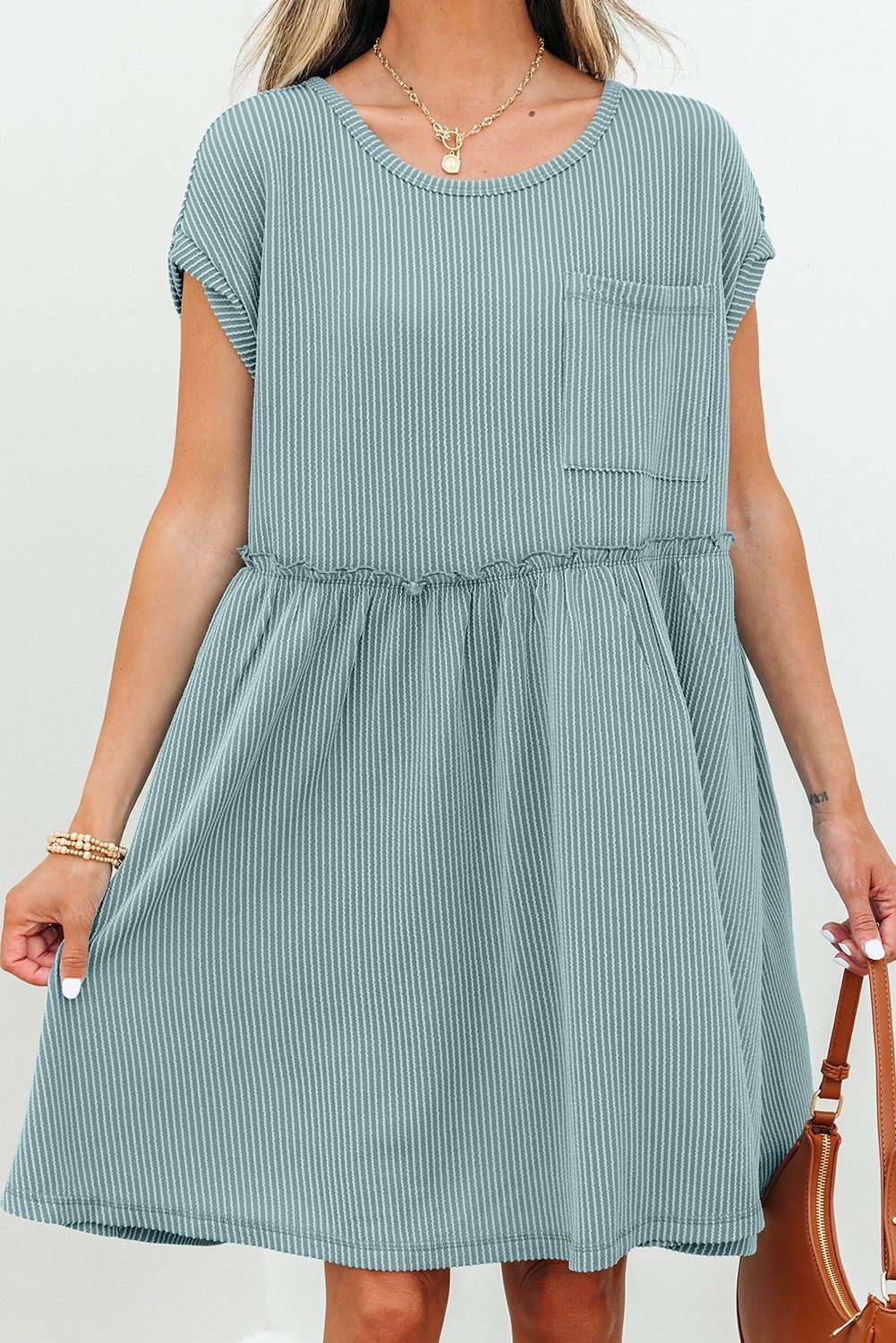 Textured Patched Pocket Frilly Mini Dress