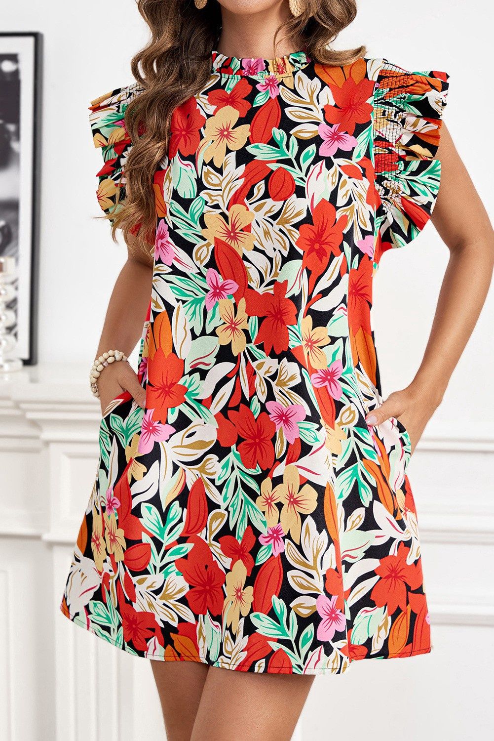 Spring Floral Shirred Flutter Sleeve Shift Dress