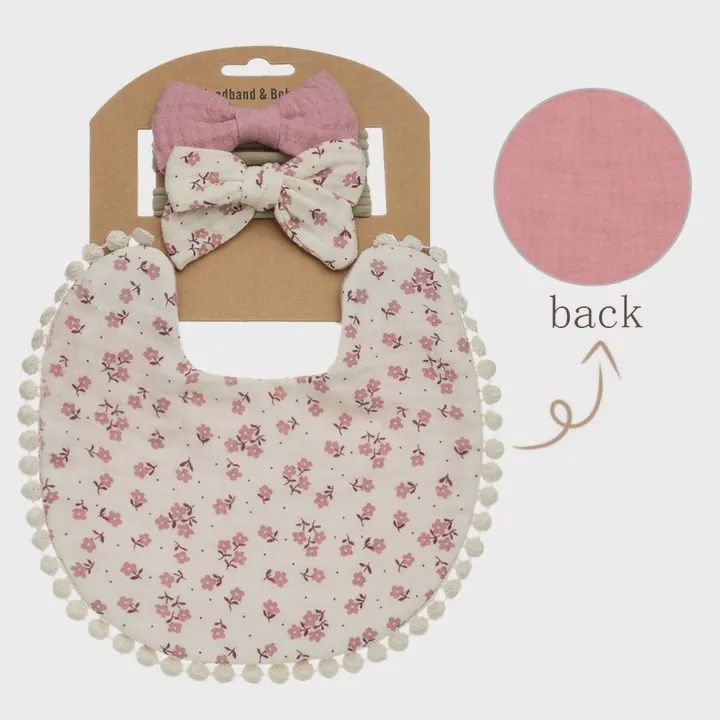 Baby Floral Cotton Waterproofer Bib and Bows Headband Sets