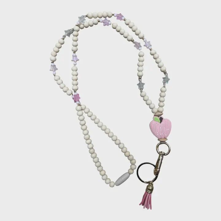 Teacher Fully Beaded Lanyard with Pink Teach Apple