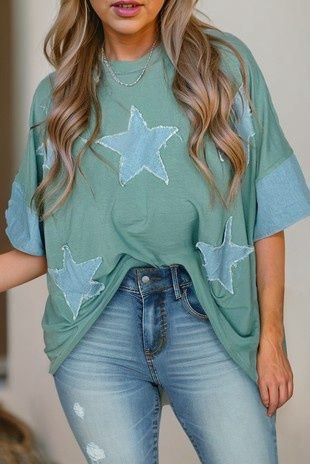 Frayed Star Denim Patchwork Oversize T Shirt