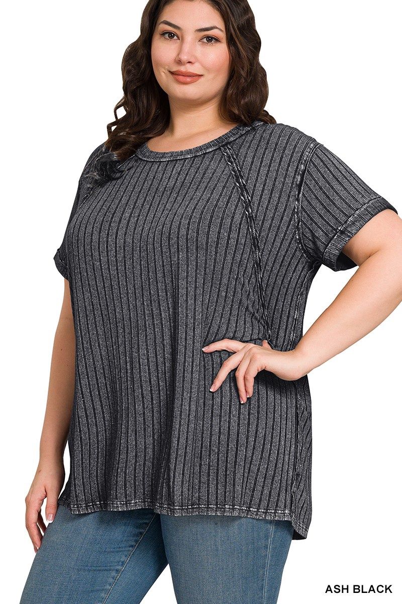 Plus Acid Washed Ribbed Short Sleeve Boat-neck Top