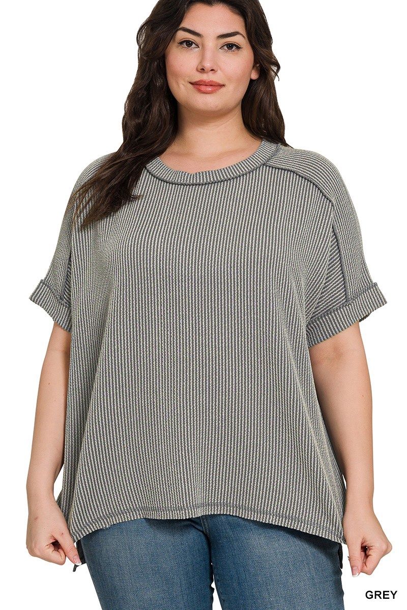 Plus Raised Rib Cuff Sleeve Raw Edge Top
