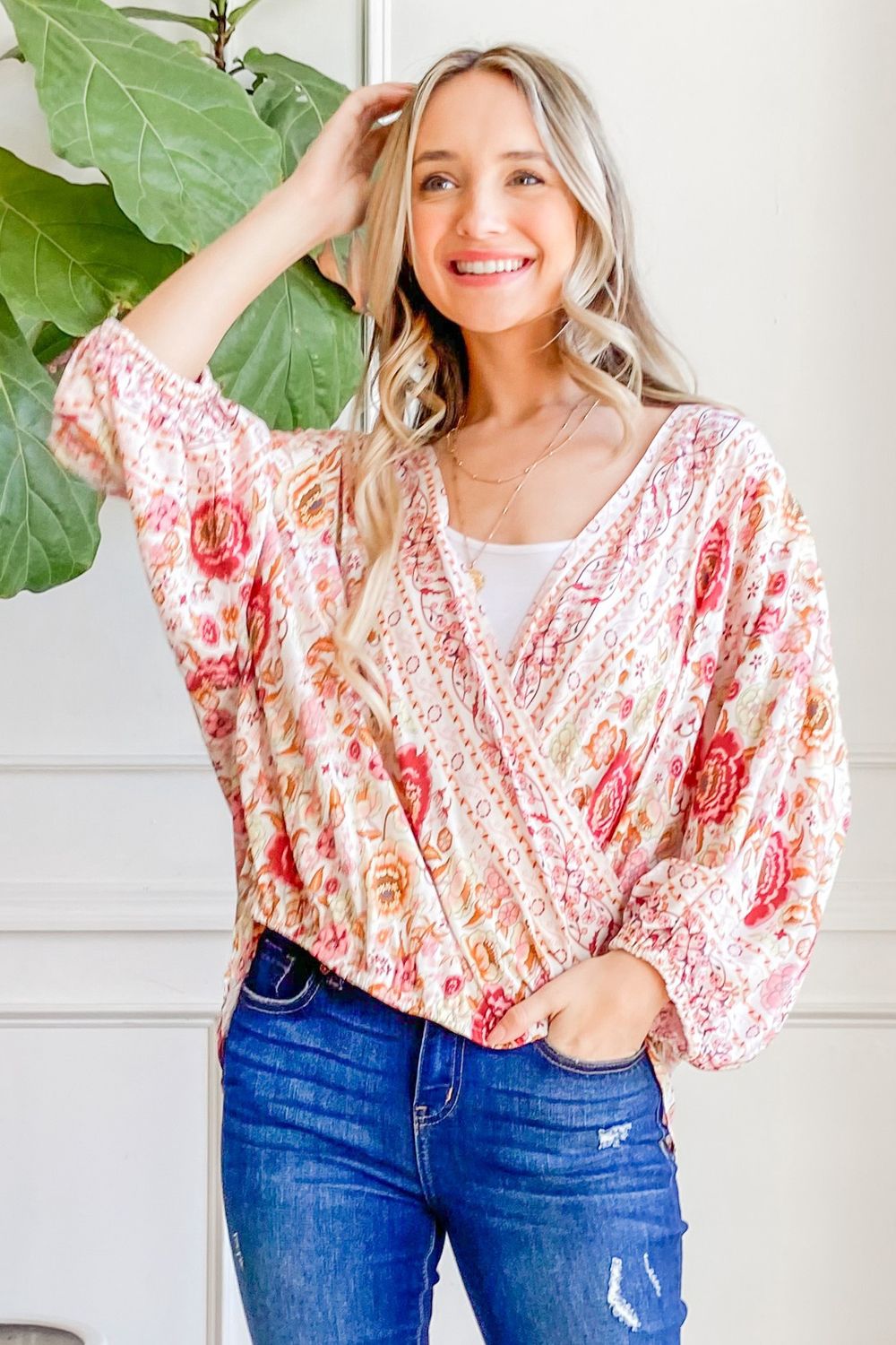 Overlap Unbalance Floral Print Wrap Top