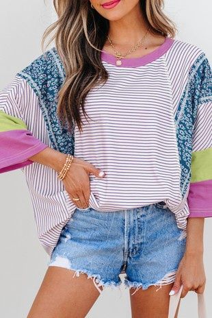Stripe Floral Colorblock Patchwork Edge Top