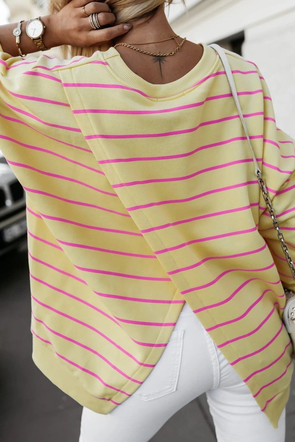 Stripe Overlap Drop Shoulder Pullover Sweatshirt
