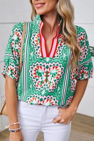 Boho Geometric Print Split Neck Blouse