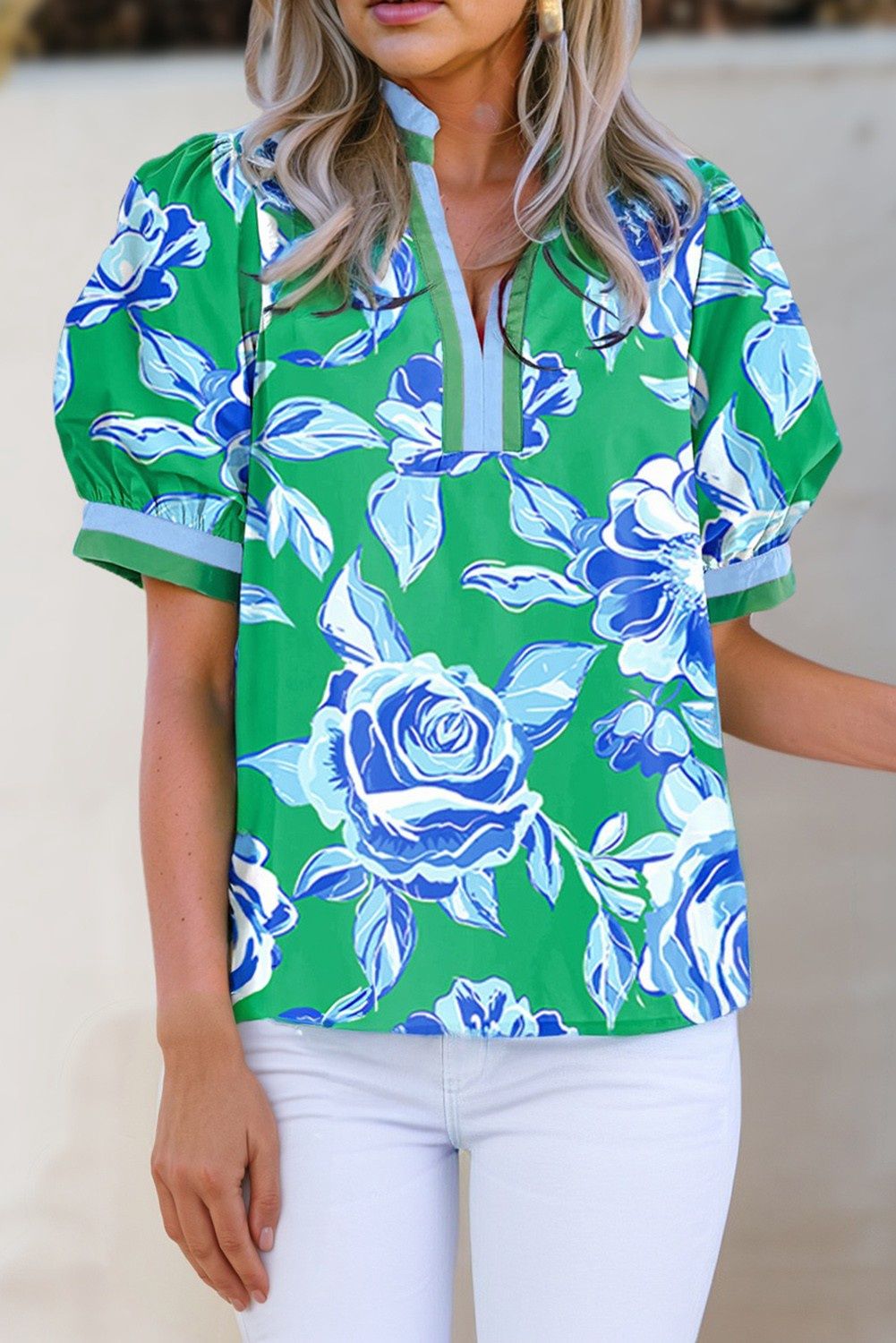 Floral Print Pop Of Color V Neck Top