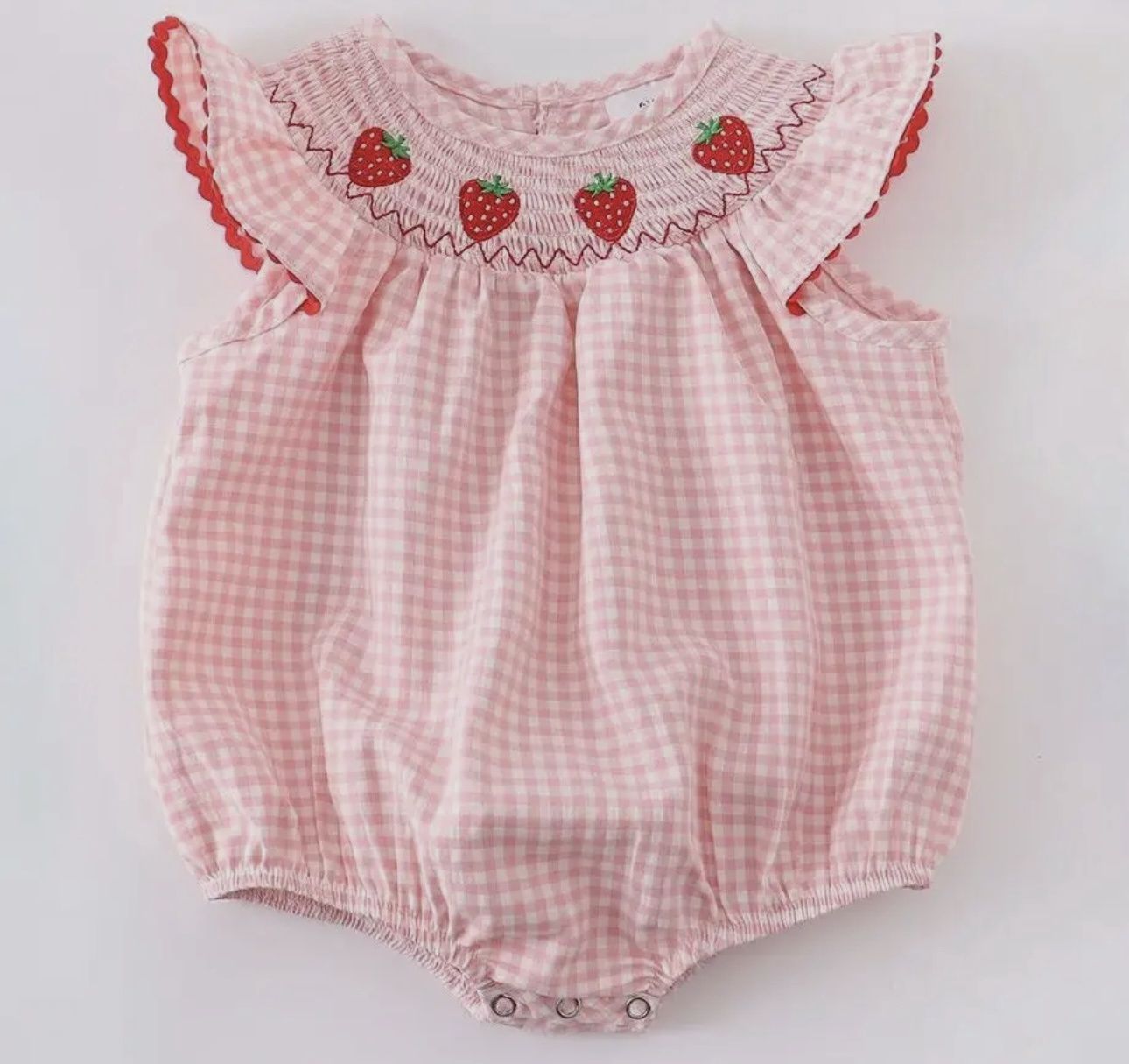 Plaid strawberry smocked romper