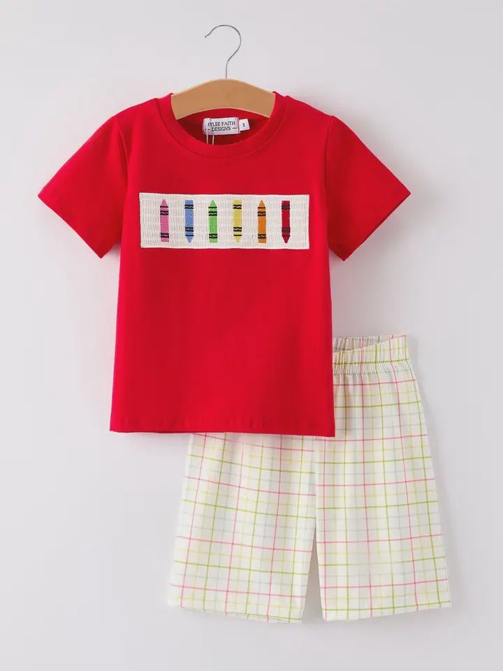 Boys Crayon Smocked Embroidered Plaid Set