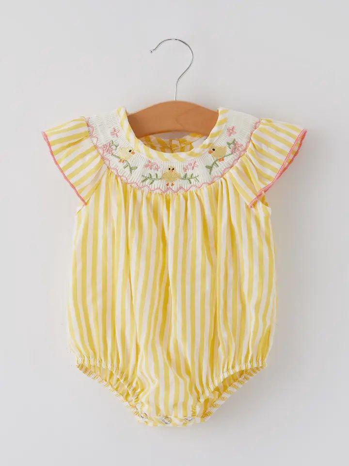 Chick Floral Embroidery Smocking Girls Romper