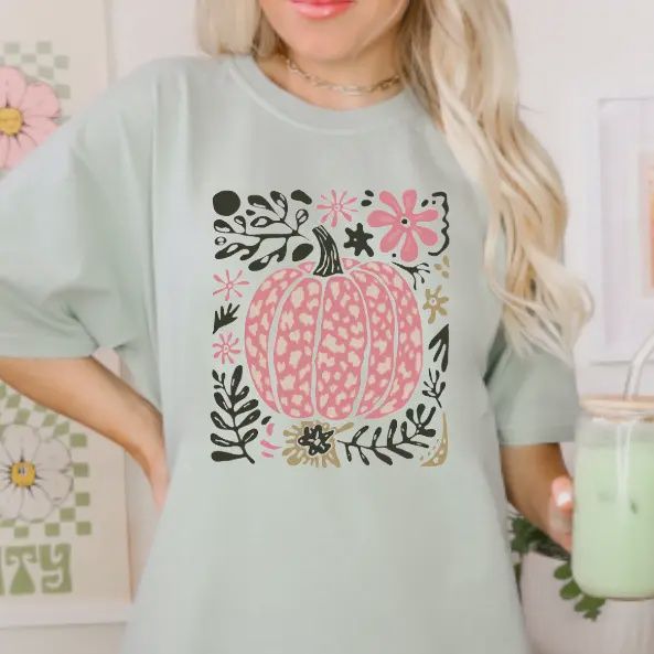 Retro Floral Pink Leopard Pumpkin Graphic Tee