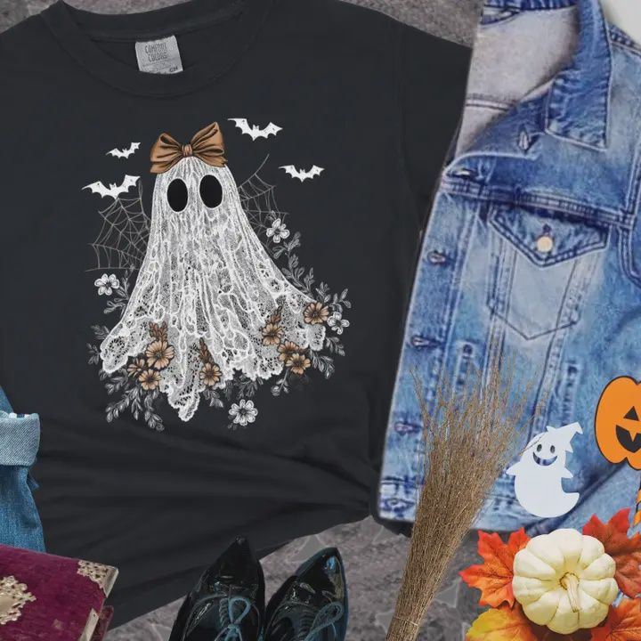 White Lace Ghost with Cobwebs Graphic Tee