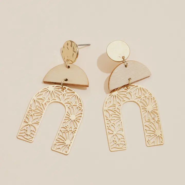 Wood and Metal Arch Drop Earrings with Floral Cutout Design