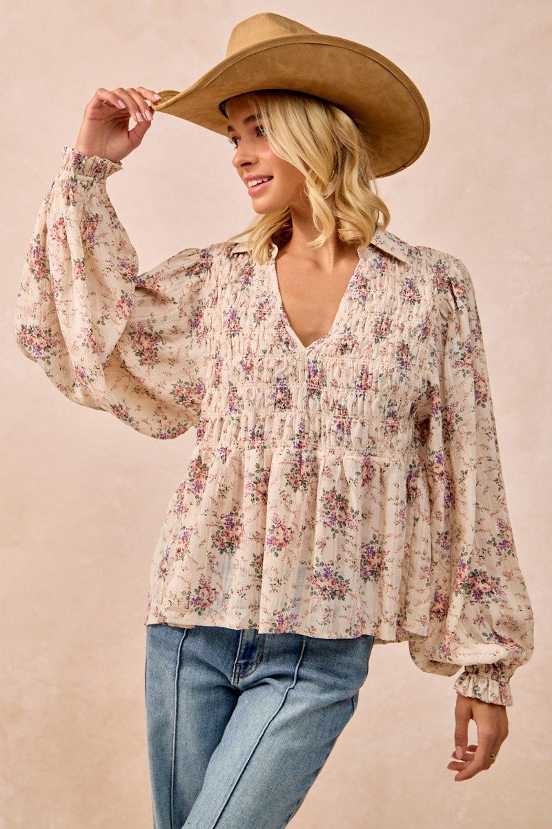 Floral Printed Woven V Neck Top With Smocked Detail