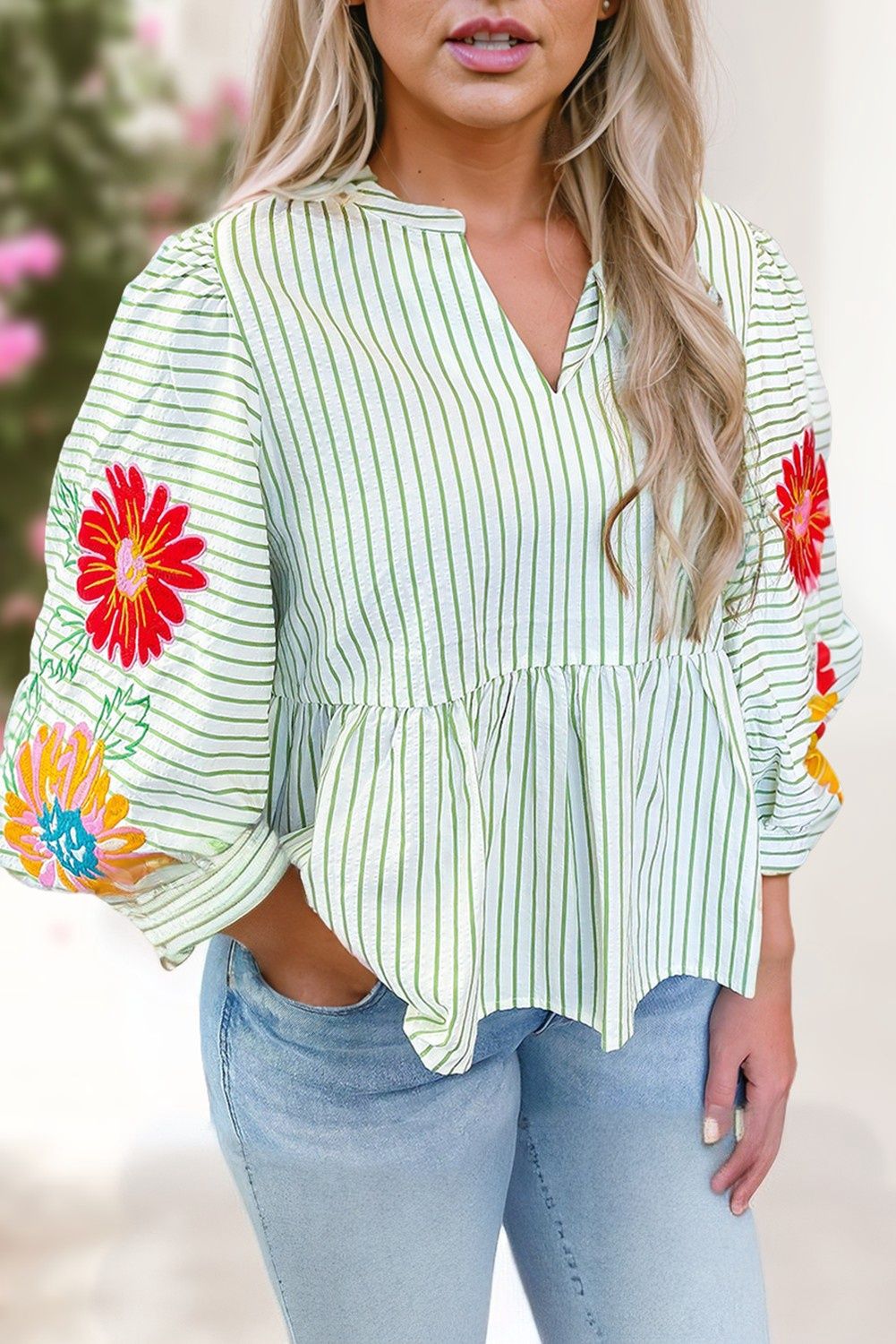 Stripe Flower Embroidered Babydoll Blouse