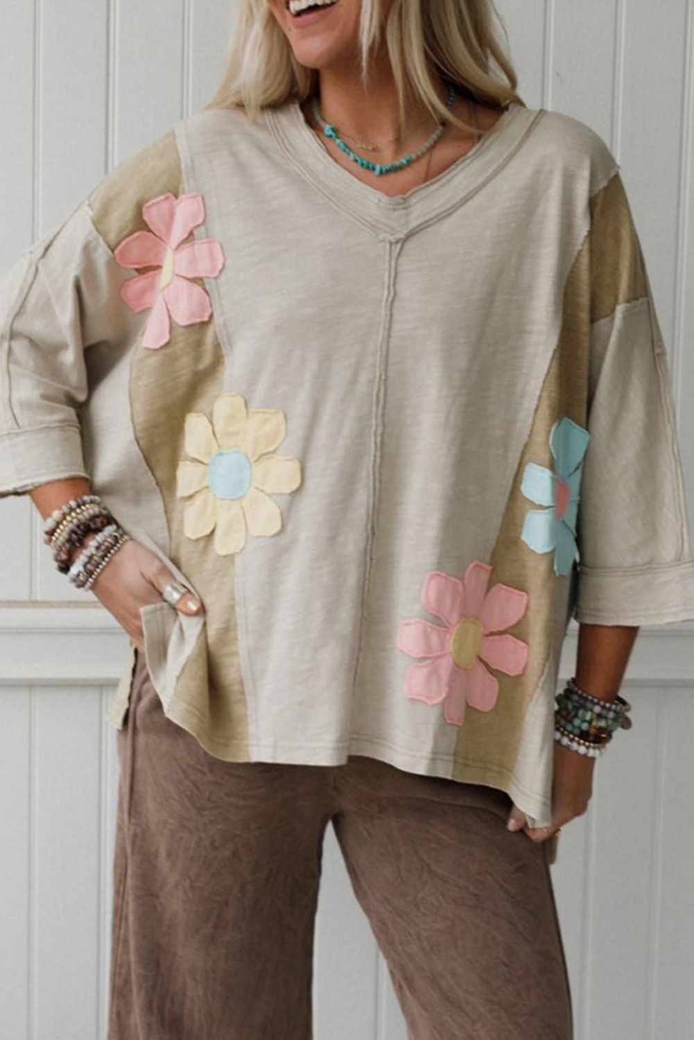 Flower Patched Exposed Seam 3/4 Sleeve Top