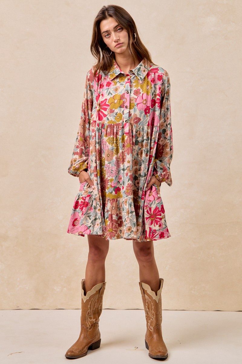 Floral Print Shirring Buttoned Tiered Shirt Dress