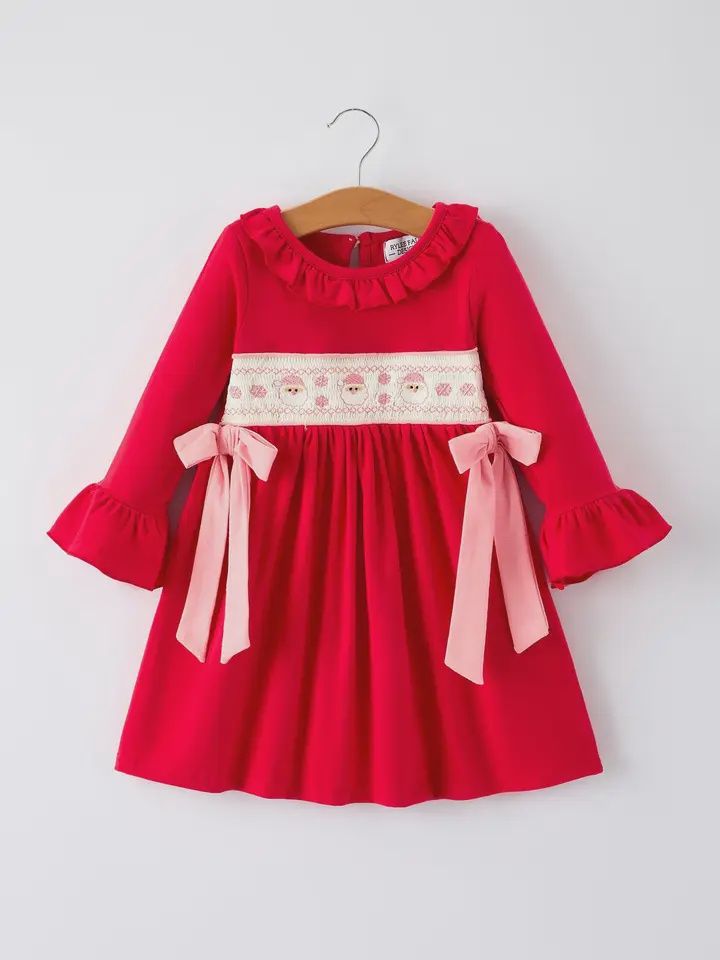Christmas Smocked Embroidery Girls Dress with Pink Ribbon Ties