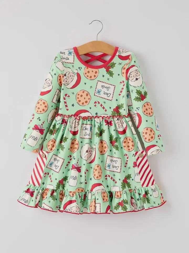 Christmas Green Santa Girls Pocket Ruffle Dress