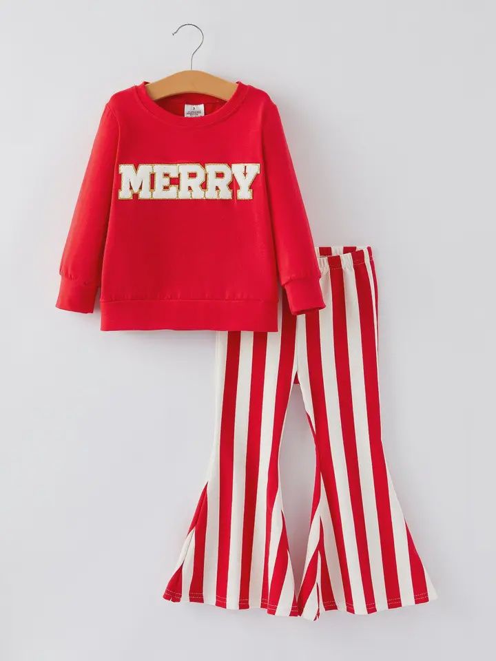 Christmas “Merry” Applique Girls Striped Bell-Bottom Pants Set