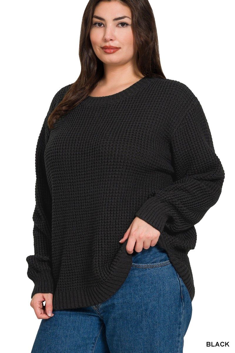 Plus Hi-low Long Sleeve Round Neck Waffle Sweater