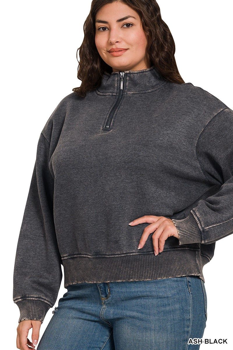 Plus Acid Wash Fleece Half Zip Pullover