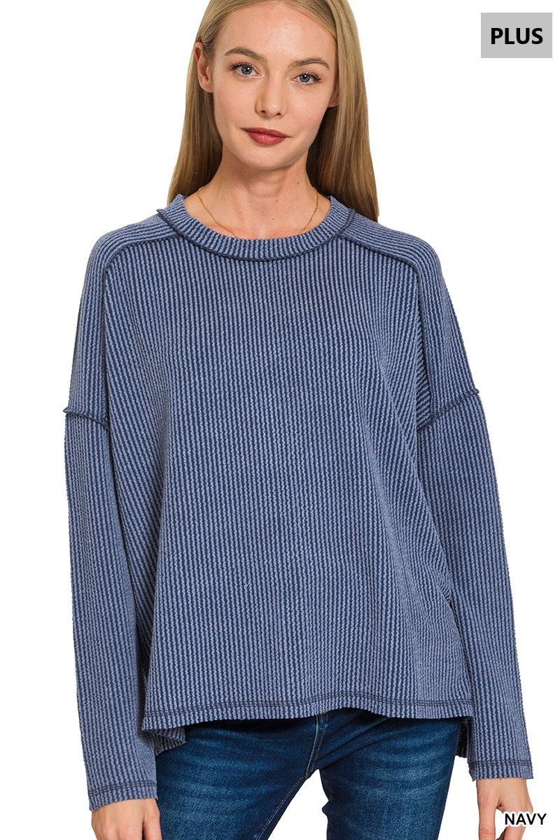 Plus Raised Rib Raw Edge Boat Neck Long Sleeve Top
