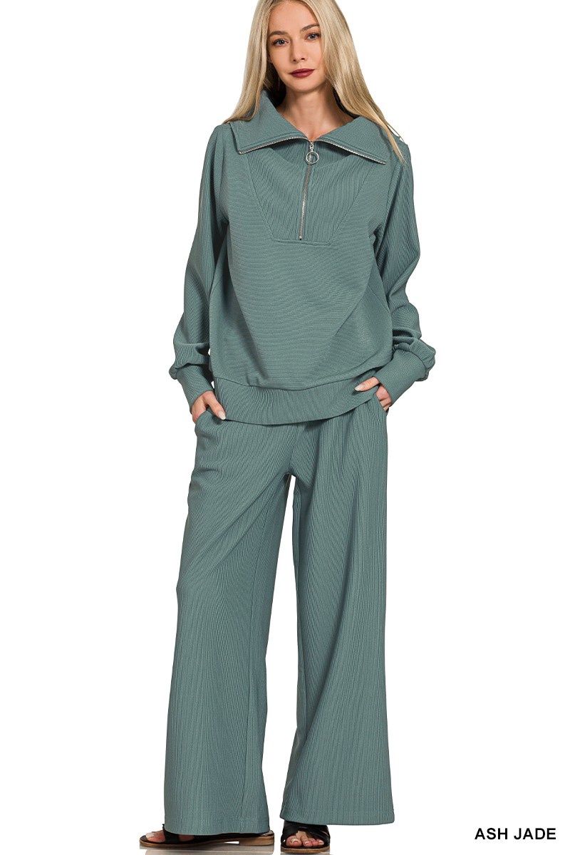 Ribbed High Neck Half Zip Pullover &amp; Pants Set