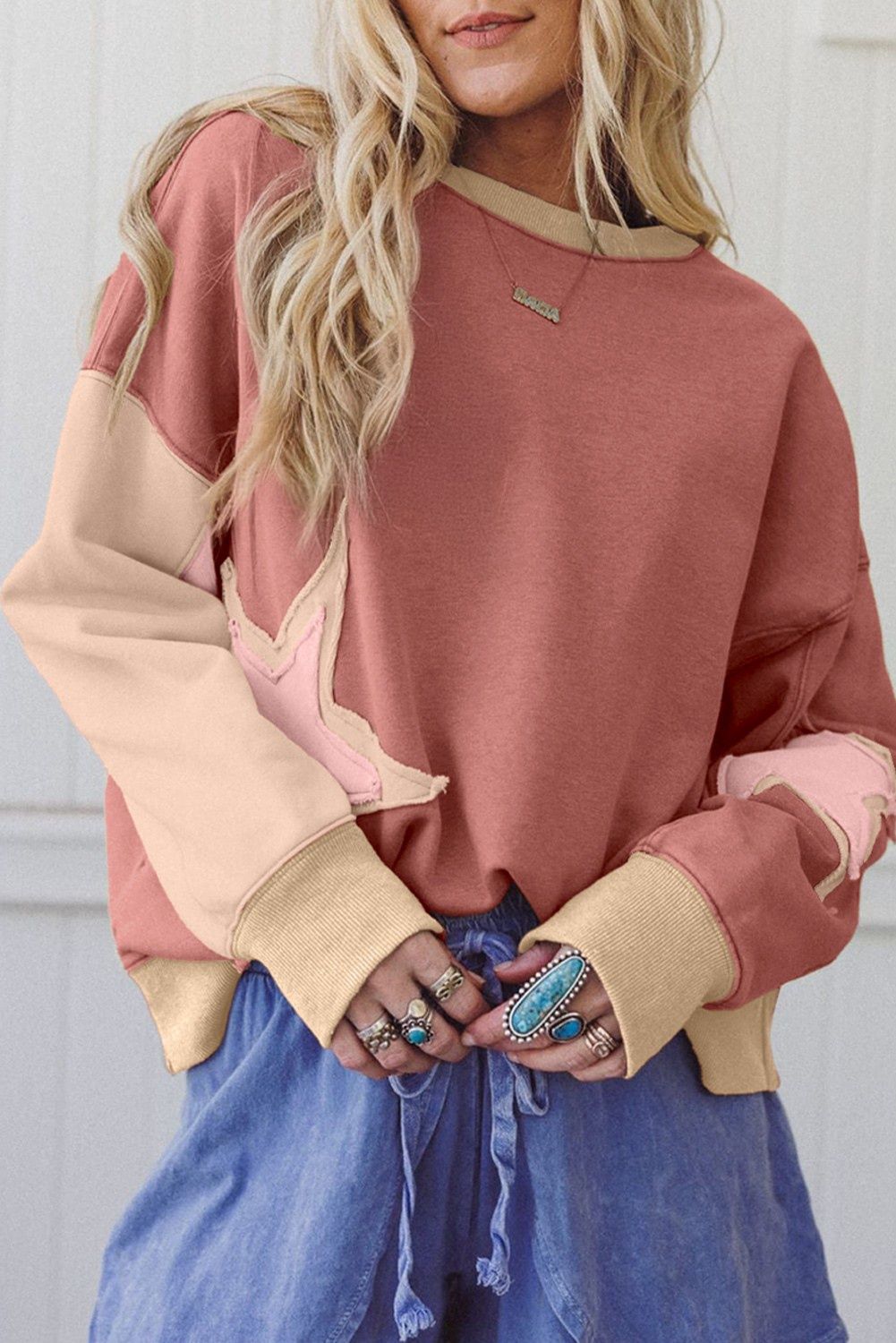 Contrast Star Patchwork Exposed Seam Sweatshirt