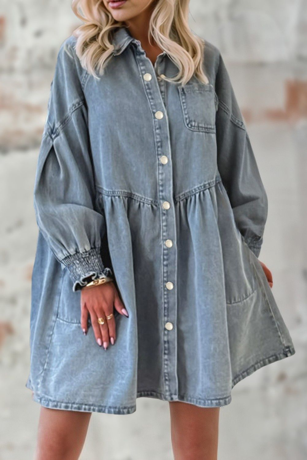 Smocked Cuffs Flared Denim Shirt Mini Dress