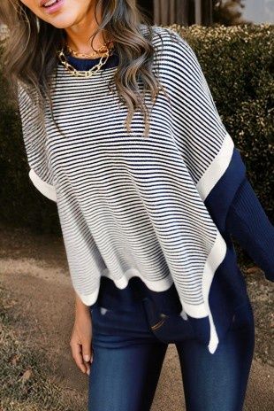 Striped Colorblock Dolman Oversize Tunic Sweater