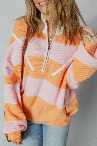 Stripe Colorblock Half Zip Oversize Sweater
