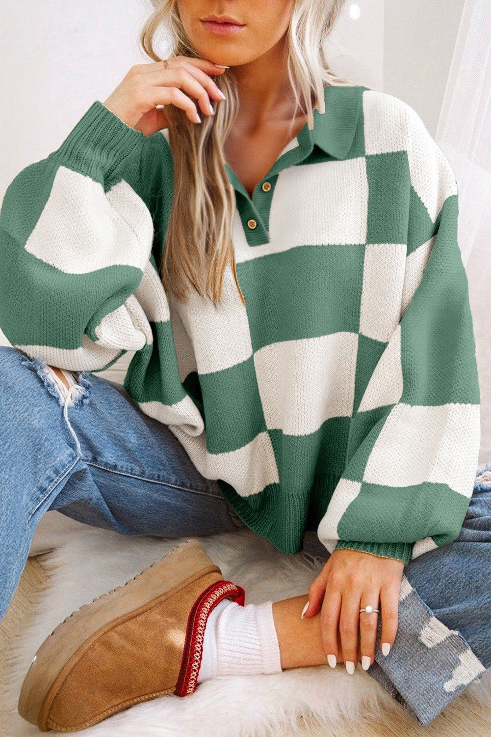Checkered V-neck Long Sleeve Pullover Sweater