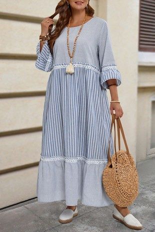 Lace Mixed Striped Patchwork Plus Size Dress