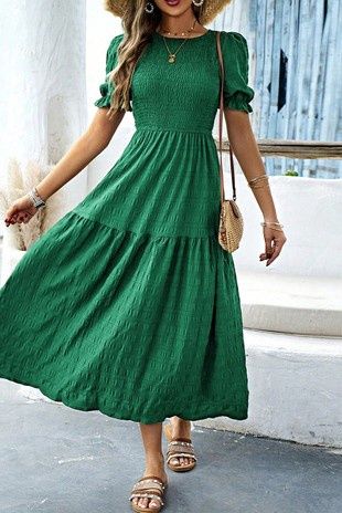 Solid Textured Shirred High Waist Midi Dress